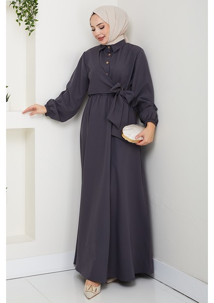 Çapraz Bağlamalı Gömlek Yaka Elbise 1636 - Antrasit fırsatları