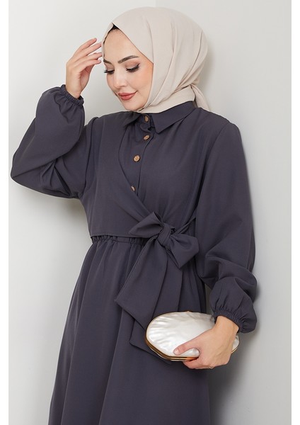 Çapraz Bağlamalı Gömlek Yaka Elbise 1636 - Antrasit indirimleri