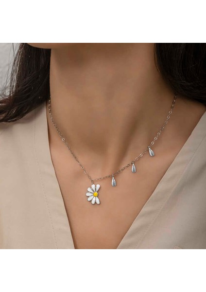 925 Ayar Gümüş Papatya Seviyor Sevmiyor Bayan Gümüş Kolye T5978 (802802)