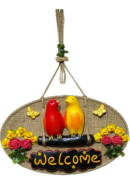 Dekoratif Welcome Kapı Süsü – Sarı Kırmızı Kuş ve Çiçek Temalı, Jüt Ipli El Yapımı Kapı Süsü fiyatları