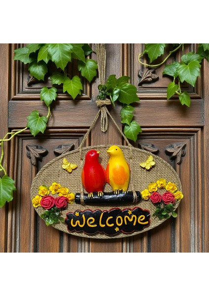 Dekoratif Welcome Kapı Süsü – Sarı Kırmızı Kuş ve Çiçek Temalı, Jüt Ipli El Yapımı Kapı Süsü modelleri