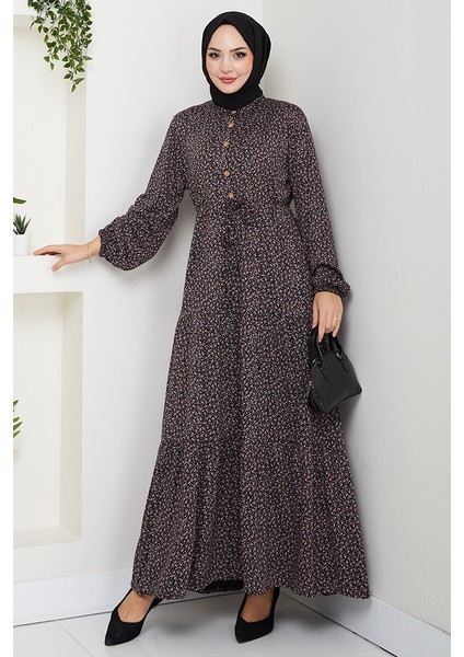 Çıtır Çiçek Desen Yarım Düğmeli Elbise 1629 - Siyah