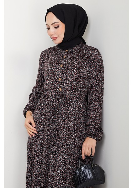 Çıtır Çiçek Desen Yarım Düğmeli Elbise 1629 - Siyah fiyatları