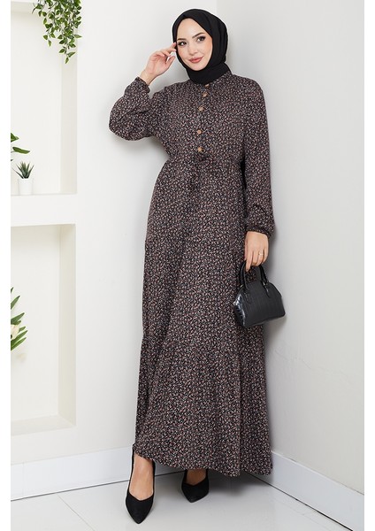 Çıtır Çiçek Desen Yarım Düğmeli Elbise 1629 - Siyah fırsatları