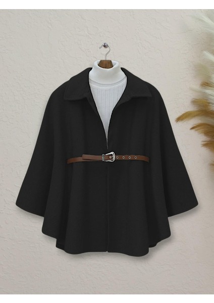 Omuzu Düğmeli Beli Kemerli Kaşe Panço