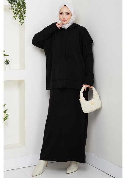 Kapüşonlu Tunik Elbise Triko Takım 1645 - Siyah