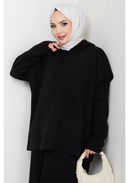 Kapüşonlu Tunik Elbise Triko Takım 1645 - Siyah fiyatları
