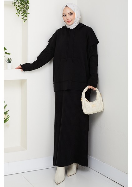 Kapüşonlu Tunik Elbise Triko Takım 1645 - Siyah modelleri