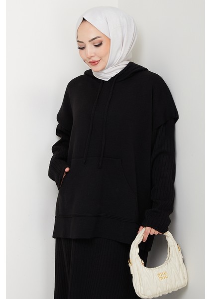 Kapüşonlu Tunik Elbise Triko Takım 1645 - Siyah fırsatları