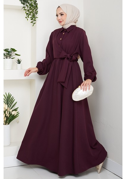 Çapraz Bağlamalı Gömlek Yaka Elbise 1636 - Bordo