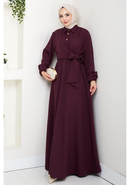 Çapraz Bağlamalı Gömlek Yaka Elbise 1636 - Bordo fırsatları
