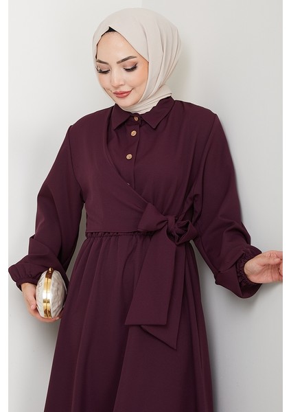 Çapraz Bağlamalı Gömlek Yaka Elbise 1636 - Bordo indirimleri
