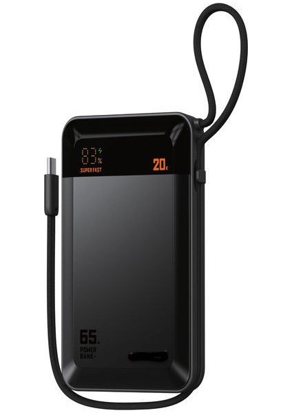20000mAh 65W Hızlı Şarj Dijital göstergeli Type-C Kablolu/Girişli Askılı Powerbank - Siyah
