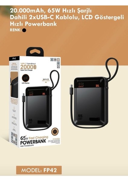 20000mAh 65W Hızlı Şarj Dijital göstergeli Type-C Kablolu/Girişli Askılı Powerbank - Siyah indirimleri
