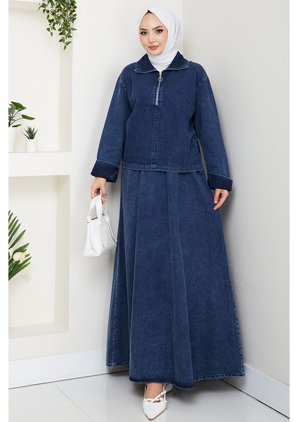 Fermuarlı Tunik Etek Kot Ikili Takım 1643 - Mavi
