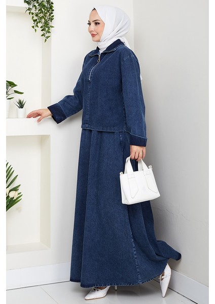 Fermuarlı Tunik Etek Kot Ikili Takım 1643 - Mavi fırsatları