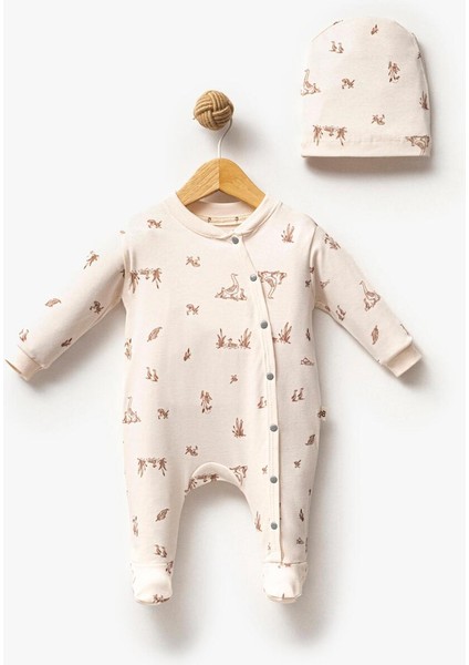 %100 Organik Pamuk Ördek Baskı Unisex Bebek Tulum