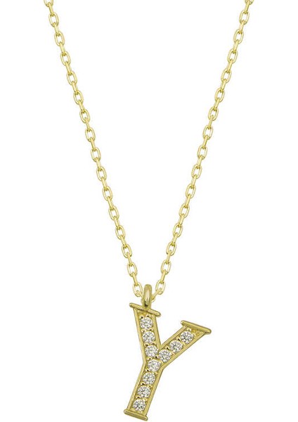 925 Ayar Gümüş Gold Y Harfi Kadın Gümüş Kolye T6632 (802802)