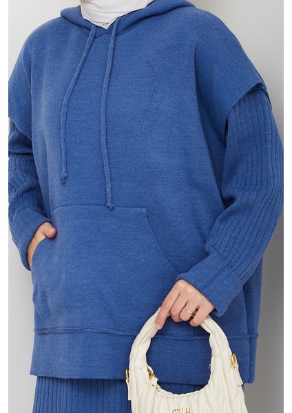 Kapüşonlu Tunik Elbise Triko Takım 1645 - Mavi fiyatları