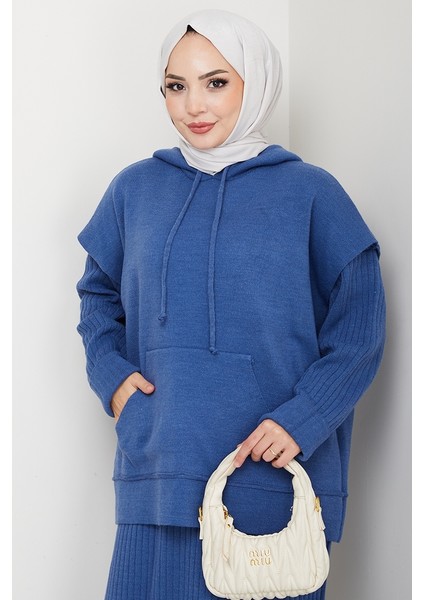 Kapüşonlu Tunik Elbise Triko Takım 1645 - Mavi modelleri