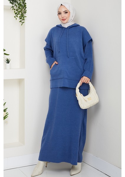 Kapüşonlu Tunik Elbise Triko Takım 1645 - Mavi fırsatları