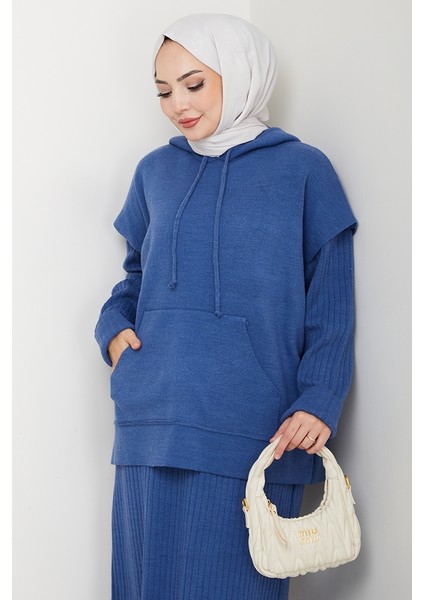 Kapüşonlu Tunik Elbise Triko Takım 1645 - Mavi indirimleri