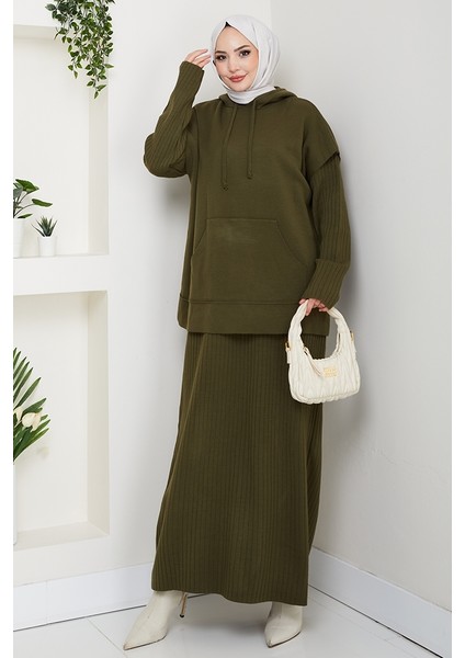 Kapüşonlu Tunik Elbise Triko Takım 1645 - Haki modelleri