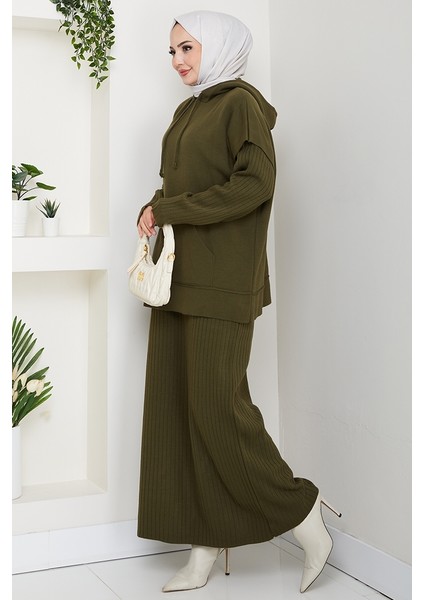 Kapüşonlu Tunik Elbise Triko Takım 1645 - Haki indirimleri
