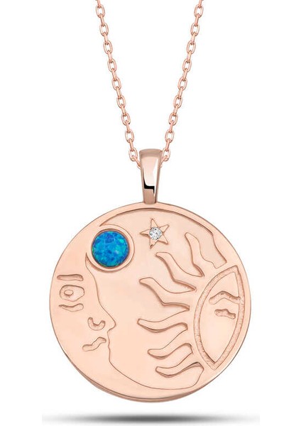 925 Ayar Gümüş Rose Opal Mavi Taşlı Ay Güneş Kadın Kolye T7617 (802802)
