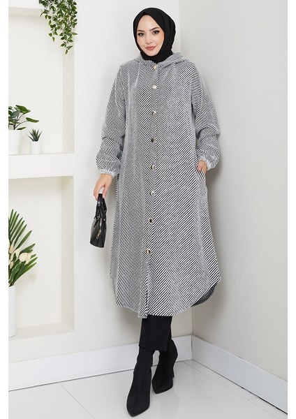 Çizgi Detay Kapüşonlu Kaşe Kap 1634 - Beyaz