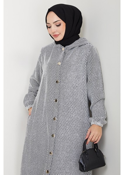 Çizgi Detay Kapüşonlu Kaşe Kap 1634 - Beyaz indirimleri