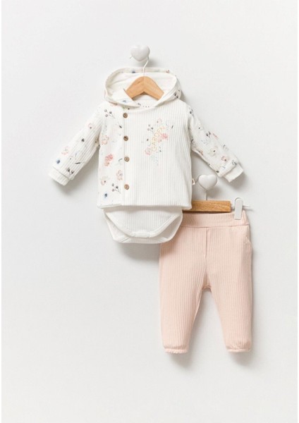Organik Kumaş Çiçek Desenli Hırkalı 3'lü Kız Bebek Takım fırsatları