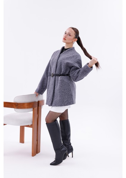 Sıcak Tutan Kadın Kaşe Kaban Astarlı-Kemerli-Çıtçıtlı