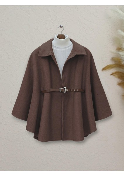 Omuzu Düğmeli Beli Kemerli Kaşe Panço