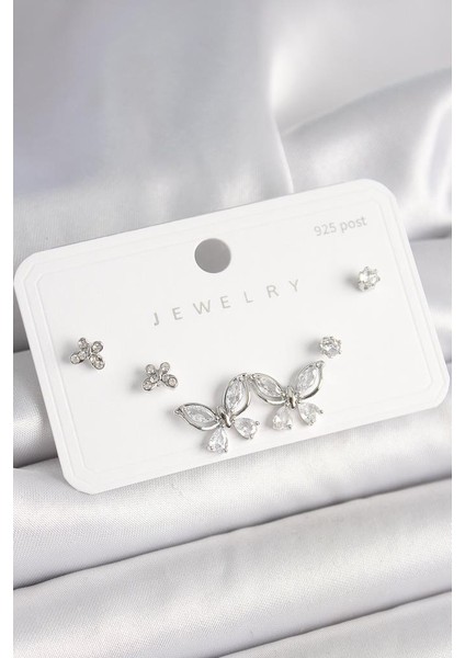 925 Ayar Gümüş Çivi Pirinç Gümüş Renk Zirkon Taşlı Kelebek Model Kadın Küpe Seti - BKP10394 (802802)