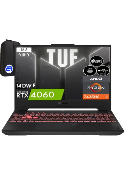 Tuf Gaming A15 FA507NVR-LP099EP3 Ryzen 7-7435HS 64GB Ram 512GB SSD RTX4060 8gb 140W 15.6'' WIN11 Pro 144Hz + Elektropasaj Çanta