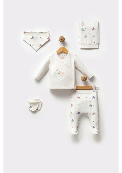 %100 Organik Pamuk Nakış Baskı Kuş Desen 5 Parça Bebek Hastane Çıkış Seti indirimleri