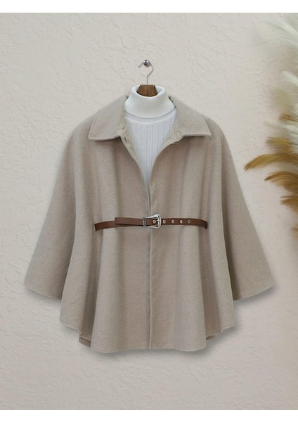 Omuzu Düğmeli Beli Kemerli Kaşe Panço