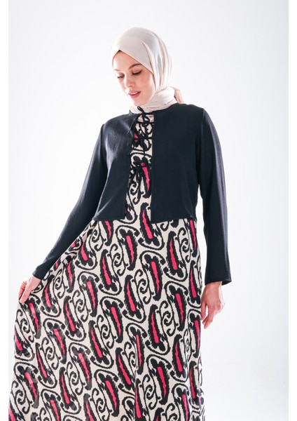 2271_KADIN Desenli Pamuk Dokuma Kolsuz Jile Elbise ve Bağcıklı Uzun Kol Siyah Ceketli Tesettür Takım fırsatları