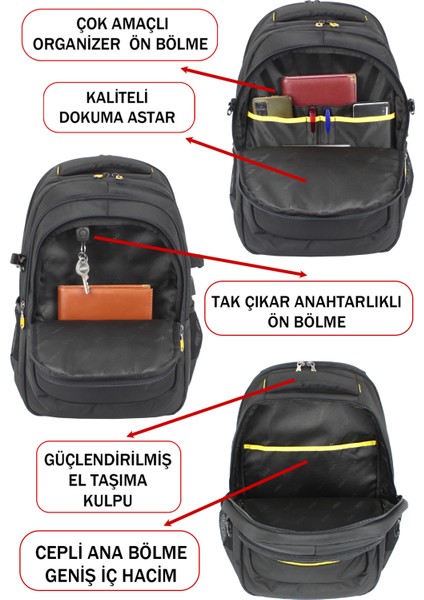 Büyük Boy Erkek Sırt Çantası 60 Litre USB Type-C Aparat Ortopedik Sırt ve Omuz Askısı 15,6/17,3 Inç modelleri