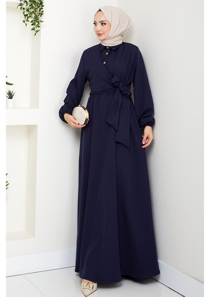 Çapraz Bağlamalı Gömlek Yaka Elbise 1636 - Lacivert