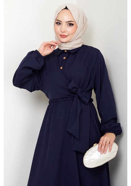 Çapraz Bağlamalı Gömlek Yaka Elbise 1636 - Lacivert fiyatları