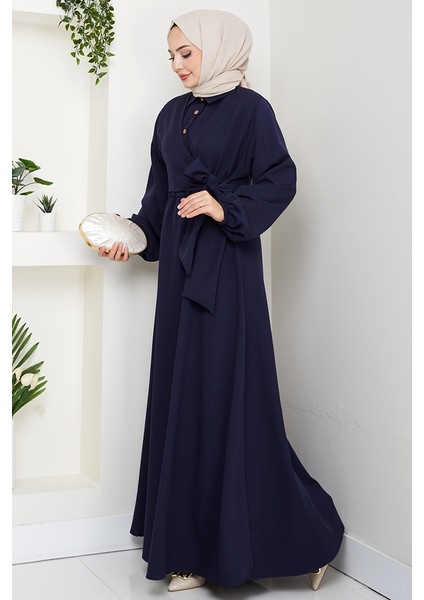 Çapraz Bağlamalı Gömlek Yaka Elbise 1636 - Lacivert fırsatları