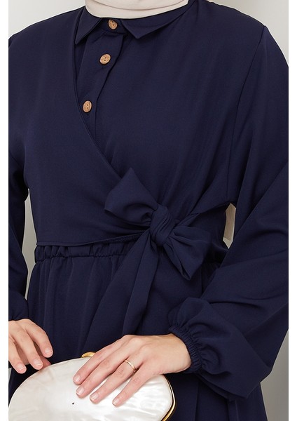 Çapraz Bağlamalı Gömlek Yaka Elbise 1636 - Lacivert indirimleri