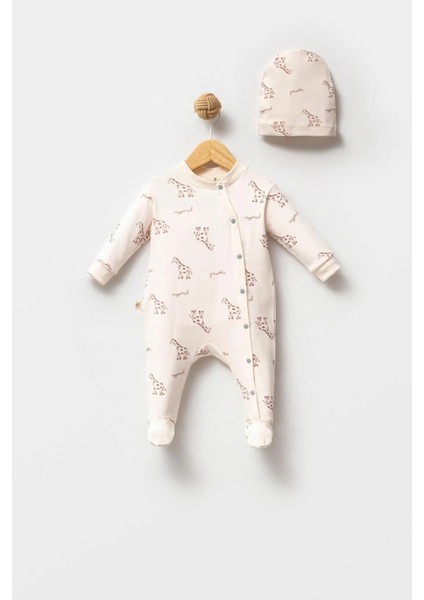 %100 Organik Pamuk Zürafa Baskı Bebek Tulum