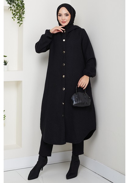 Çizgi Detay Kapüşonlu Kaşe Kap 1634 - Siyah fırsatları