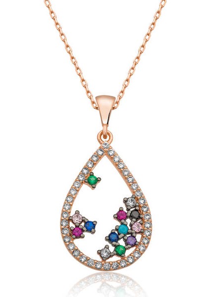 925 Ayar Gümüş Rose Renkli Taşlı Damla Kolye T3889 (802802)