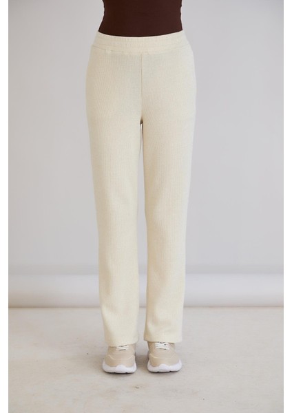 Simli Örme Regular Kalıp Boru Paça Triko Pantolon Bej