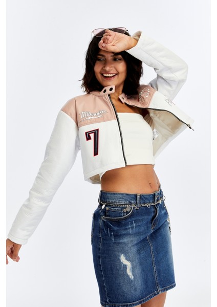 Kadın Puf Deri Ceket Garnili Crop Mont Niş Tasarım Özgün Günlük Baskılı Rahat Kullanım Ceket