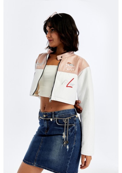 Kadın Puf Deri Ceket Garnili Crop Mont Niş Tasarım Özgün Günlük Baskılı Rahat Kullanım Ceket